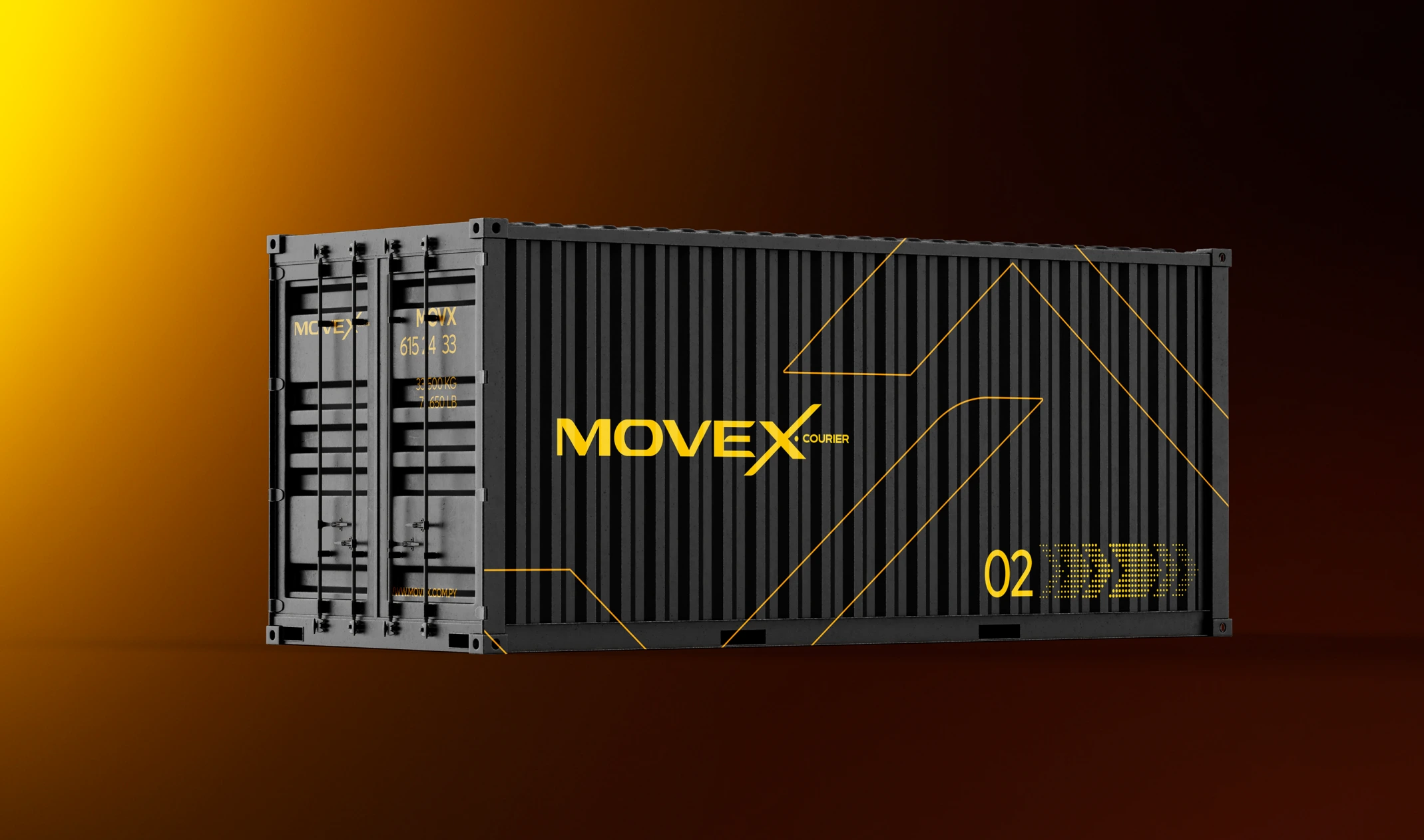 Contenedor con la identidad MOVEX, de la presentación de marca